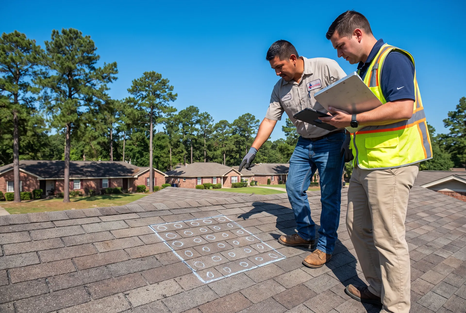 Roofing contractor and an insurance adjuster on a shingle roof marking hail hits with chalk and taking photos