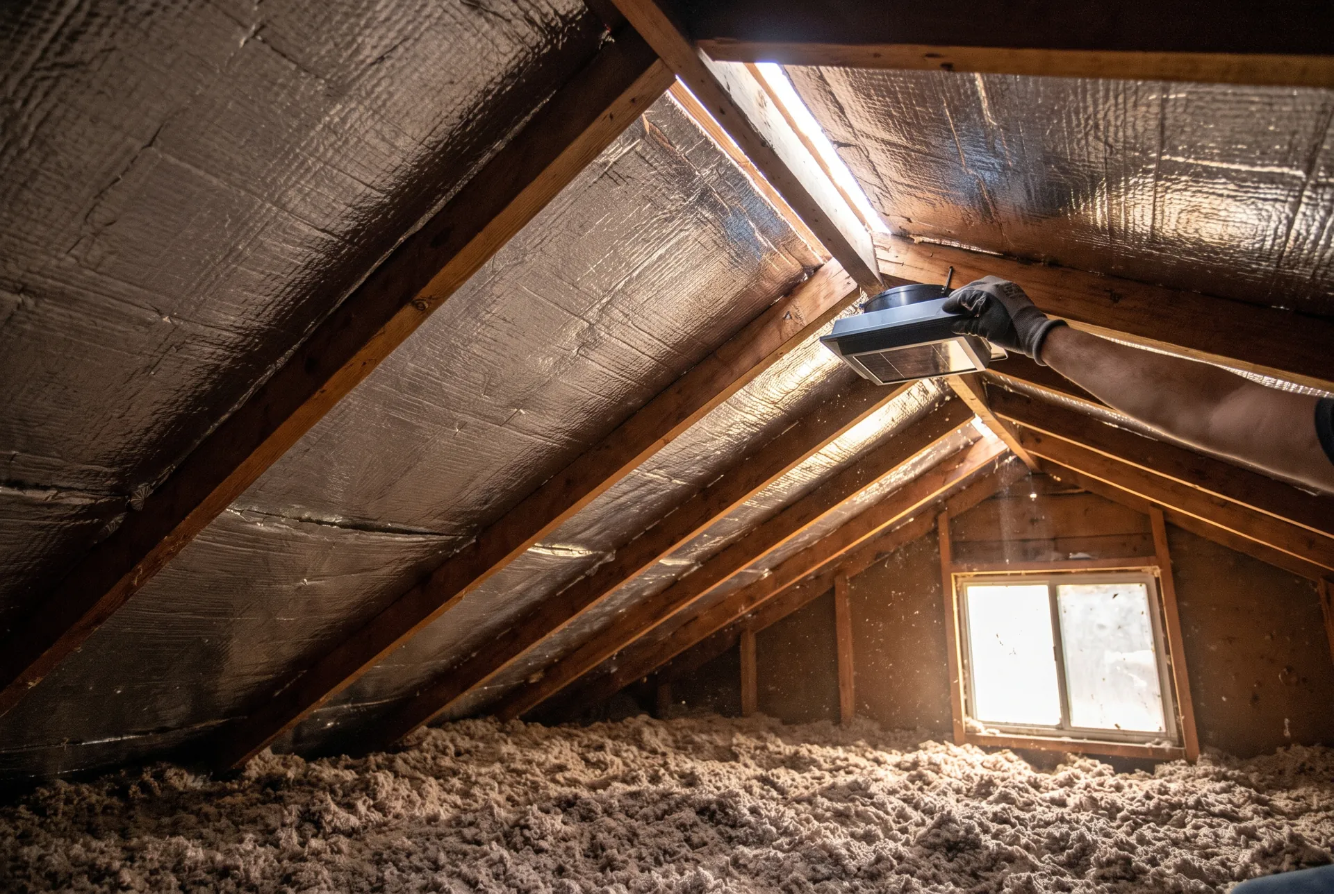 Attic with radiant barrier decking, a ridge vent slot cut along the peak and a solar attic fan being installed